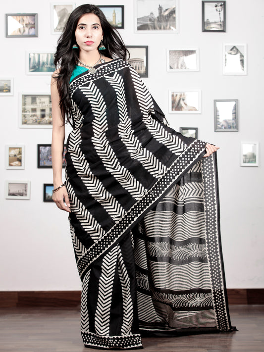 Black White Hand Block Printed Cotton Mul Saree   - S031703027