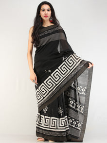 Black White Hand Block Printed Chanderi Silk Saree With Geecha Border - s031704551
