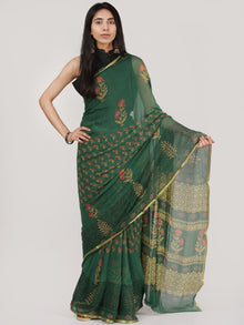 Green Coral Mustard  Hand Block Printed Chiffon Saree With Zari Border - S031704695