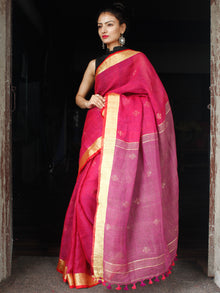Magenta Pink Golden Handwoven Linen Jamdani Saree With Zari Border & Tassels - S031704011