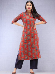Red Indigo Hand Block Printed Kurta With Stand Collar  - K201F1827