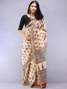 Ivory Indigo Maroon Hand Block Printed Chanderi Saree With Geecha Border - S031704520