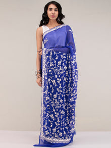 Royal Blue Aari Embroidered Georgette Saree From Kashmir - S031704636