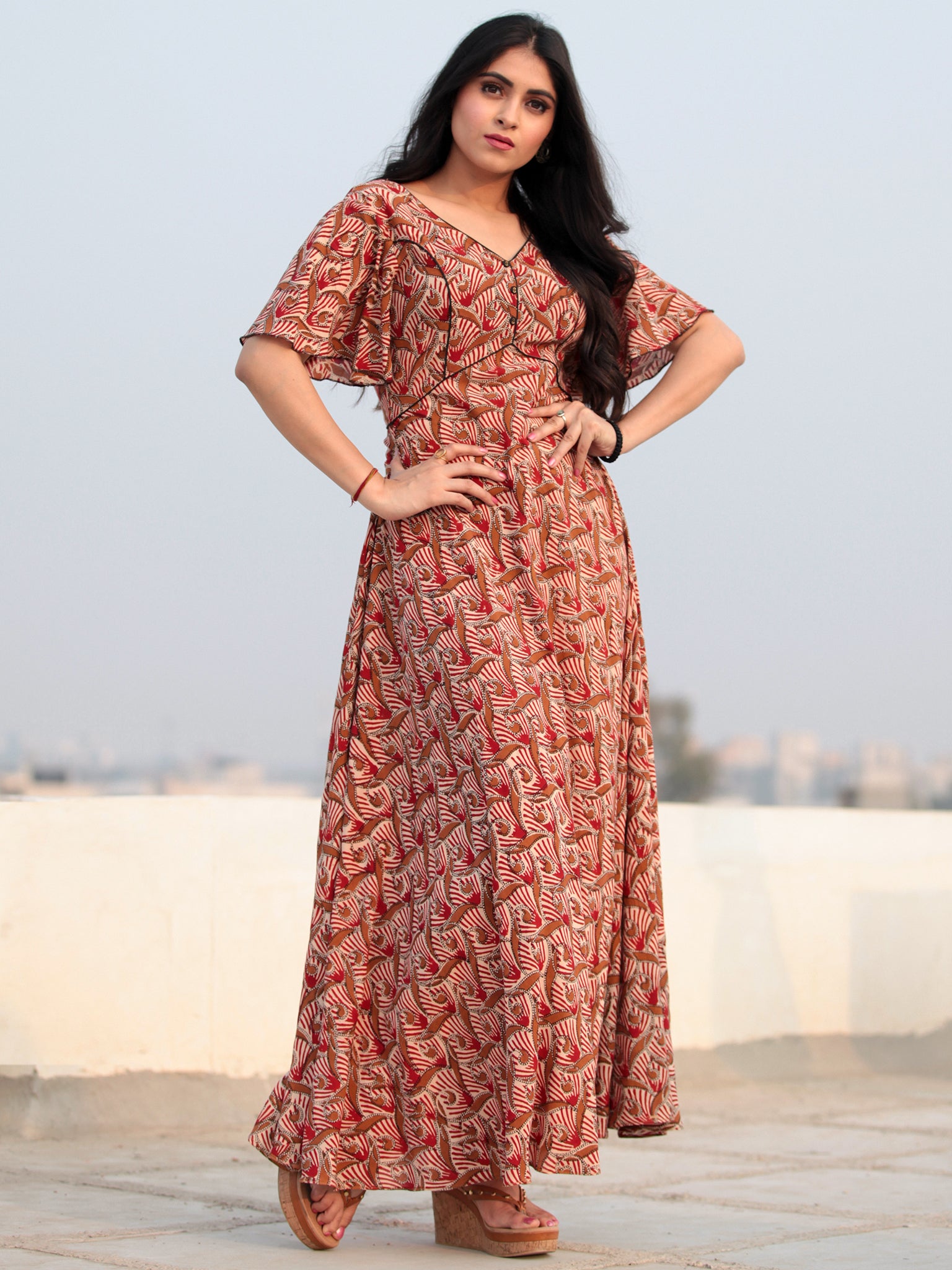 Red Beige Hand Block Printed V Back Ruffle Sleeves Cotton Long Dress D –  InduBindu