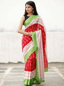 Red White Green Ikat Handwoven Cotton Saree - S031704039