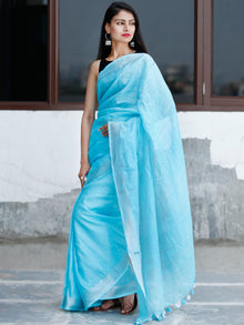 Sky Blue Silver Handwoven Linen Embroidered  Saree With Zari Border & Tassels - S031704032
