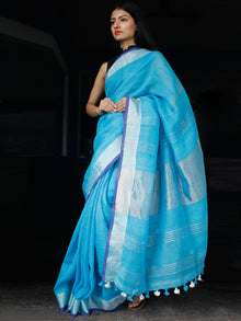 Sky Blue Handwoven Linen Saree With Zari - S031703453