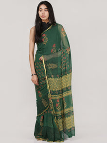 Green Coral Mustard  Hand Block Printed Chiffon Saree With Zari Border - S031704695