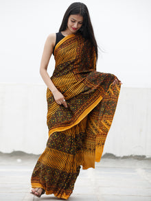 Yellow Green Black Maroon Ajrakh Hand Block Printed Modal Silk Saree in Natural Colors - S031703706