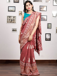 Rosewood Pink White Hand Block Printed Cotton Mul Saree - S031703173