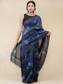 Indigo Ivory Chanderi Silk Hand Block Printed Saree With Geecha Border - s031704163