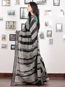 Black White Hand Block Printed Cotton Mul Saree   - S031703027