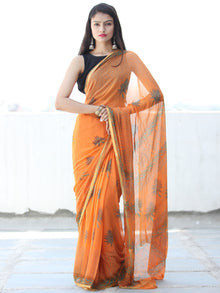 Orange Green Hand Block Printed Chiffon Saree with Zari Border - S031703924