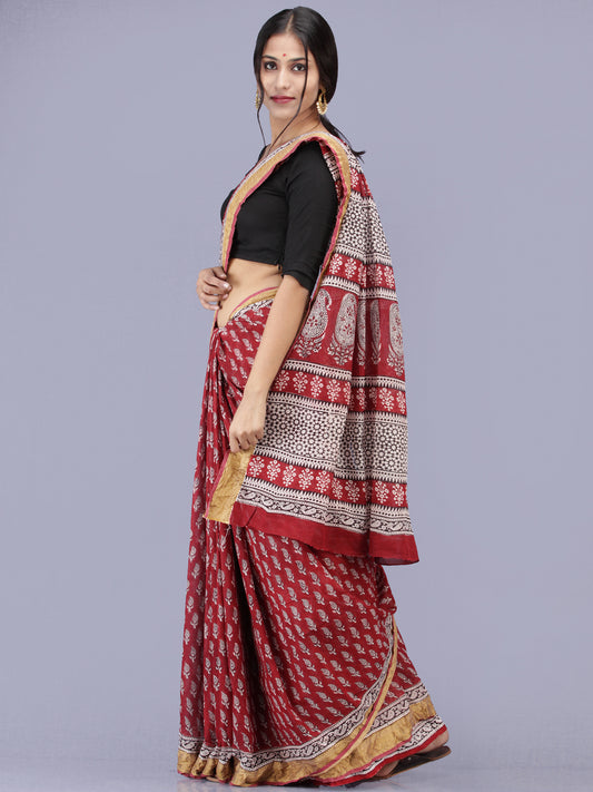 Deep Red Ivory Black Bagh Printed Maheshwari Cotton Saree - S031704176