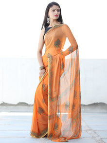 Orange Green Hand Block Printed Chiffon Saree with Zari Border - S031703924