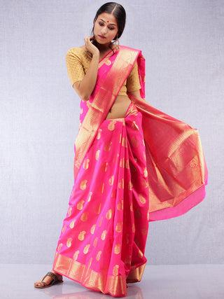 Banarasee Semi Silk Saree With Zari Work - Hot Pink & Gold - S031704367