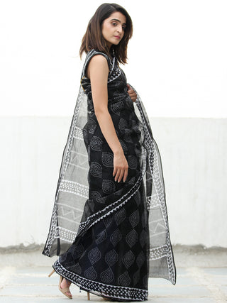 Black & White Hand Block Printed Kota Doria Saree  - S031704080