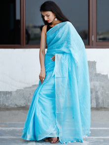 Sky Blue Silver Handwoven Linen Embroidered  Saree With Zari Border & Tassels - S031704032