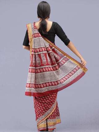 Deep Red Ivory Black Bagh Printed Maheshwari Cotton Saree - S031704176