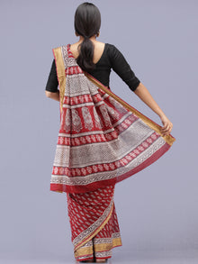 Deep Red Ivory Black Bagh Printed Maheshwari Cotton Saree - S031704176