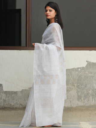 White Gold Hand Block Printed Kota Doria Saree  - S031704086