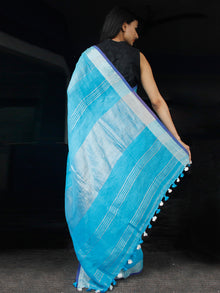 Sky Blue Handwoven Linen Saree With Zari - S031703453
