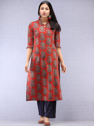 Red Indigo Hand Block Printed Kurta With Stand Collar  - K201F1827