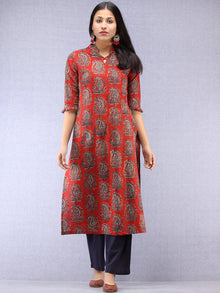 Red Indigo Hand Block Printed Kurta With Stand Collar  - K201F1827