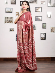 Rosewood Pink White Hand Block Printed Cotton Mul Saree - S031703173