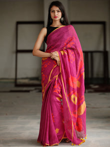Deep Pink Yellow Red Handwoven Linen Jamdani Saree With Tassels - S031703785