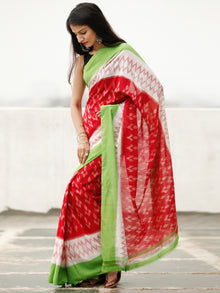 Red White Green Ikat Handwoven Cotton Saree - S031704039