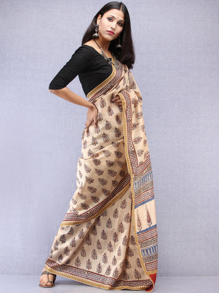 Ivory Indigo Maroon Hand Block Printed Chanderi Saree With Geecha Border - S031704520