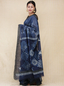 Indigo Ivory Chanderi Silk Hand Block Printed Saree With Geecha Border - s031704163