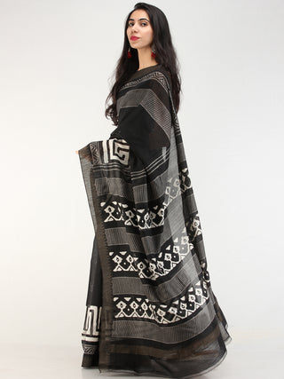 Black White Hand Block Printed Chanderi Silk Saree With Geecha Border - s031704551