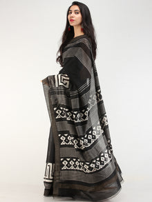 Black White Hand Block Printed Chanderi Silk Saree With Geecha Border - s031704551
