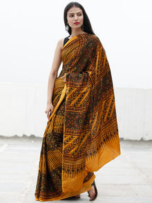Yellow Green Black Maroon Ajrakh Hand Block Printed Modal Silk Saree in Natural Colors - S031703706