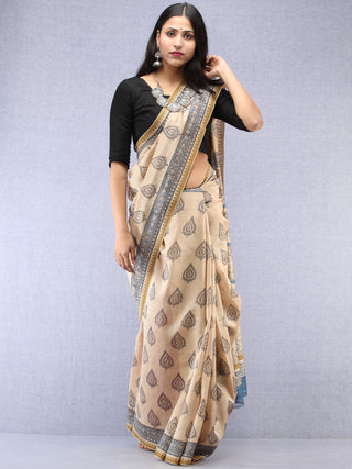 Ivory Indigo Hand Block Printed Chanderi Saree With Geecha Border - S031704492