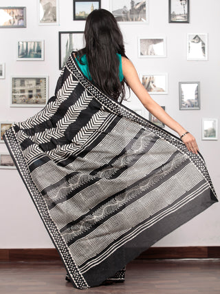 Black White Hand Block Printed Cotton Mul Saree   - S031703027