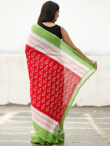Red White Green Ikat Handwoven Cotton Saree - S031704039