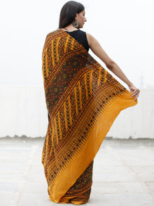 Yellow Green Black Maroon Ajrakh Hand Block Printed Modal Silk Saree in Natural Colors - S031703706