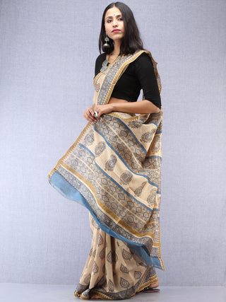 Ivory Indigo Hand Block Printed Chanderi Saree With Geecha Border - S031704492