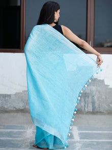 Sky Blue Silver Handwoven Linen Embroidered  Saree With Zari Border & Tassels - S031704032