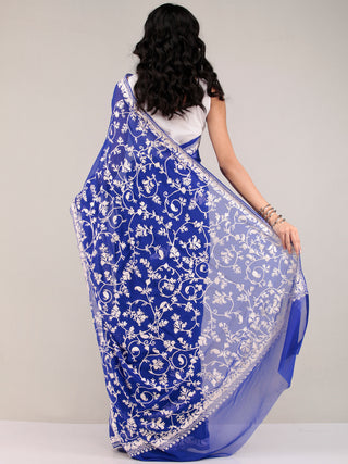 Royal Blue Aari Embroidered Georgette Saree From Kashmir - S031704636