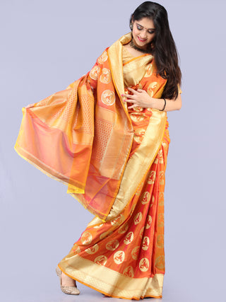 Banarasee Art Silk Saree With Bird Motif - Orange & Gold  - S031704301