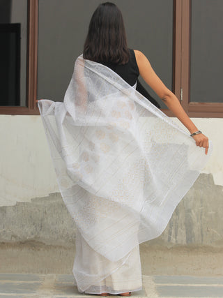 White Gold Hand Block Printed Kota Doria Saree  - S031704086