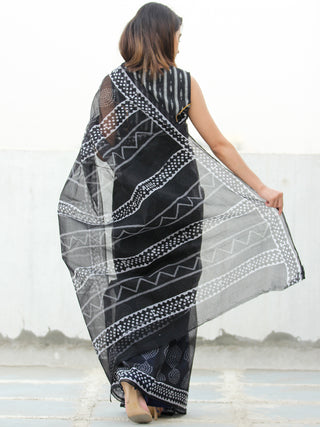 Black & White Hand Block Printed Kota Doria Saree  - S031704080