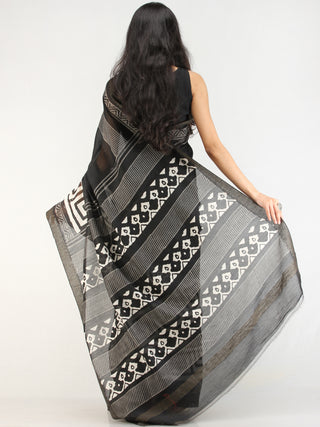 Black White Hand Block Printed Chanderi Silk Saree With Geecha Border - s031704551