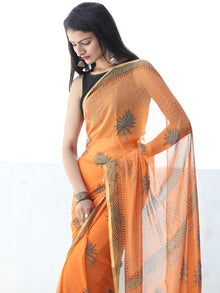 Orange Green Hand Block Printed Chiffon Saree with Zari Border - S031703924