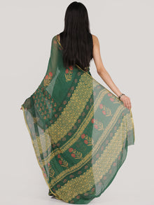 Green Coral Mustard  Hand Block Printed Chiffon Saree With Zari Border - S031704695