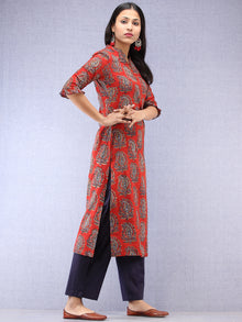 Red Indigo Hand Block Printed Kurta With Stand Collar  - K201F1827